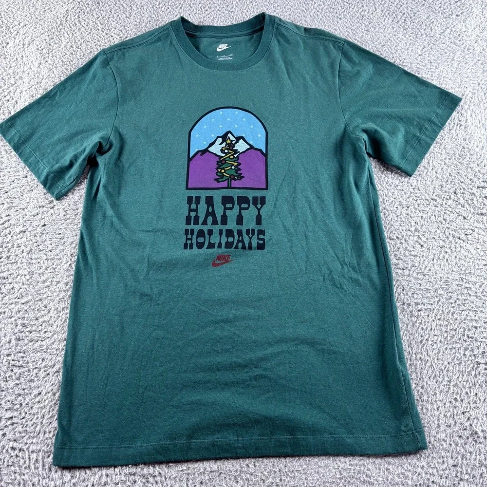 Nike T Shirt Mens S Green Happy‎ Holidays Christmas Tree Graphic Print Tee